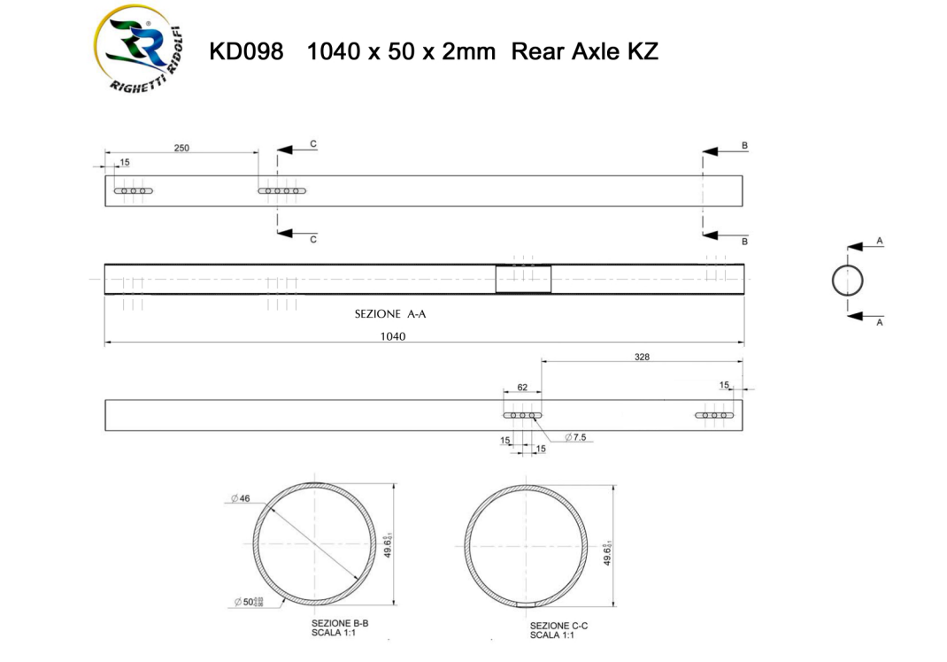 Assale posteriore Ø50x1040x2mm - Arancio
